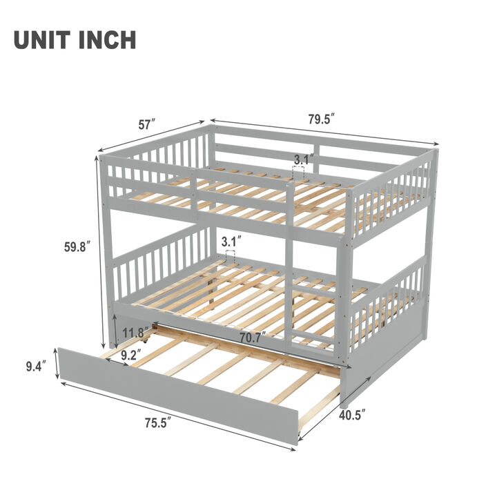 Full Over Full Bunk Bed with Trundle, Convertible to 2 Full Size Platform Bed, Full Size Bunk Bed with Ladder and Safety Rails for Kids, Teens, Adults, Grey