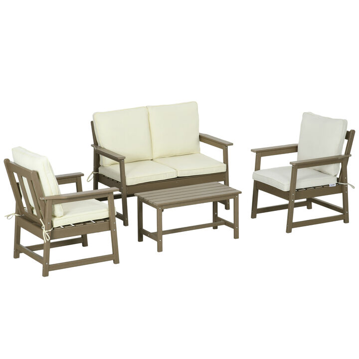 Outsunny 4 Pieces Patio Furniture Set with Cushion, HDPE Conversation Sofa Set with Two Armchair, Loveseat, and Slatted Top Coffee Table, Cream White
