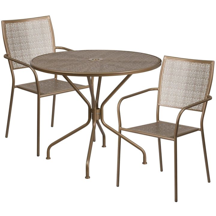 Flash Furniture Commercial Grade 35.25" Round Gold Indoor-Outdoor Steel Patio Table Set with 2 Square Back Chairs