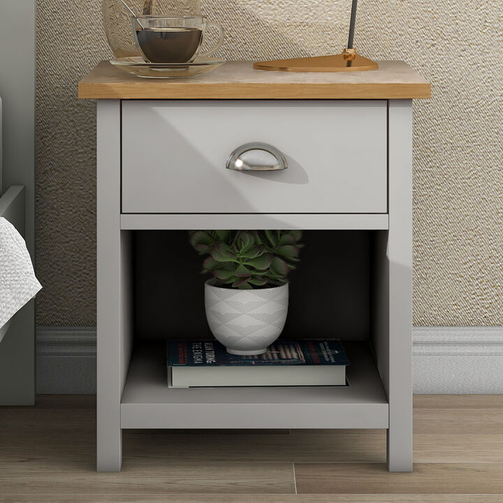 Country Gray Solid One Drawer Nightstand Side Table with Oak Top