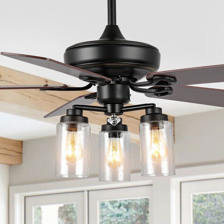 Lucas 52" 3-Light Rustic Industrial Iron/Wood/Seeded Glass Mobile-App/Remote-Controlled LED Ceiling Fan, Black/Clear
