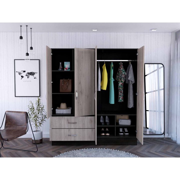 Black Rock 2-Drawer Large Armoire with Mirror Doors Black Wengue and Light Gray
