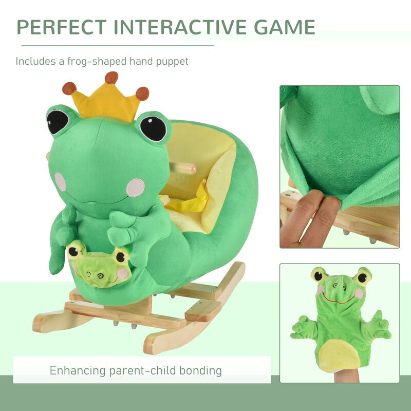 Kids Ride-On Rocking Horse Toy Frog Style Rocker with Fun Music, Seat Belt & Soft Plush Fabric Hand Puppet for Children 18-36 Months