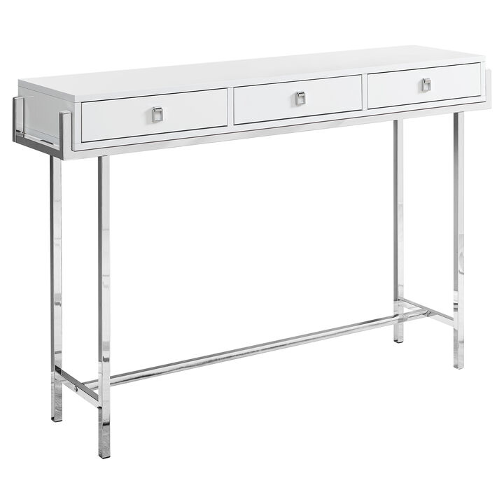 Monarch Specialties I 3297 Accent Table, Console, Entryway, Narrow, Sofa, Storage Drawer, Living Room, Bedroom, Metal, Laminate, Glossy White, Chrome, Contemporary, Modern