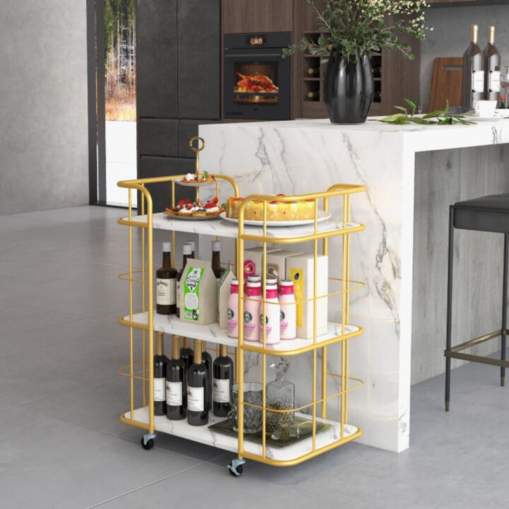 Hivvago 3-Tier Metal Kitchen Storage Serving Cart Trolley with Marble Tabletop and Handles-Golden