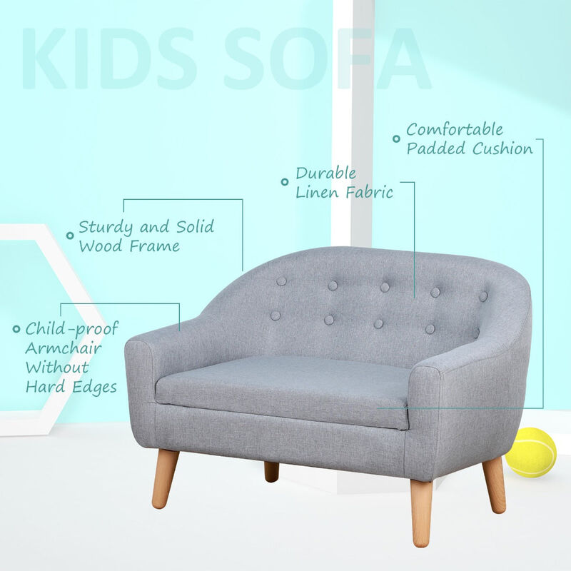 2-Seat Kids Sofa Linen Fabric and Wooden Frame Sofa for Kids and Toddlers Ages 3-6, 11" High Seat, Grey