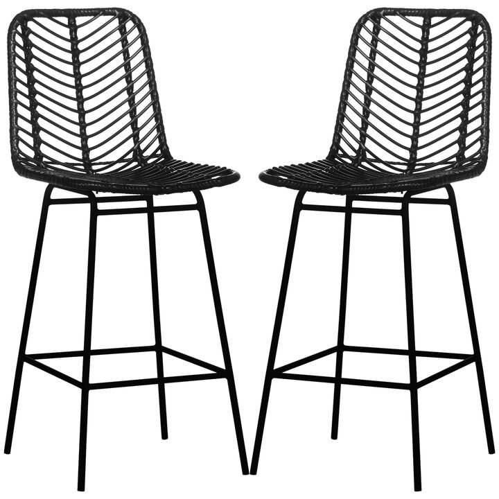 Set of 2 Rattan Barstools Wicker Counter Stools with Steel Legs and Footrest for Dining Room Kitchen Pub Black