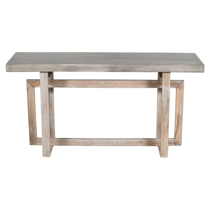 59 Inch Artisan Sideboard Console Table with Geometric Interlocked Base, Distressed Matte Gray-Benzara