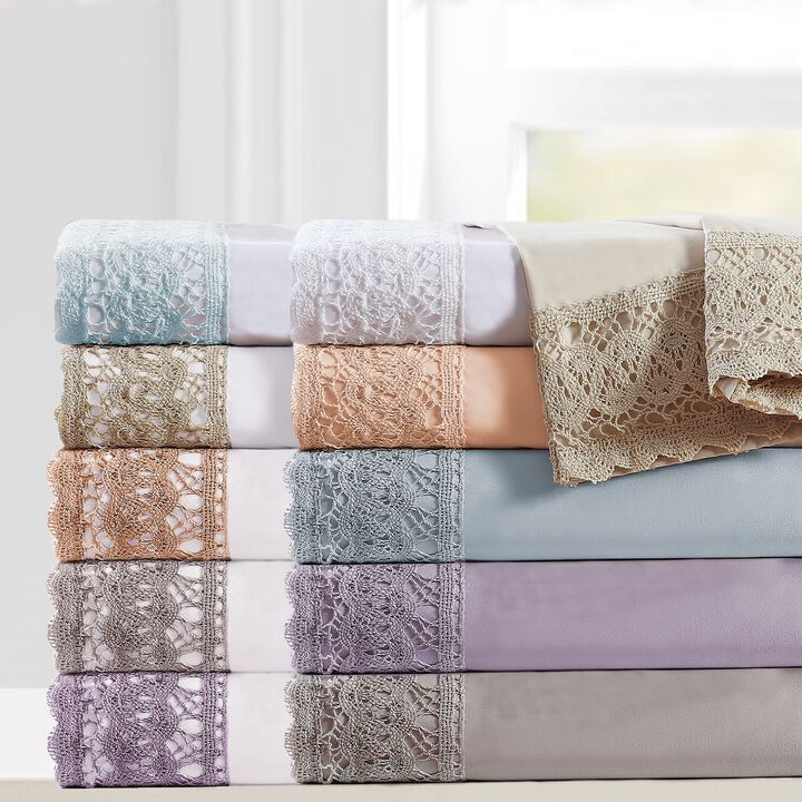 Udine 4 Piece King Size Microfiber Sheet Set with Crochet Lace The Urban Port, Pink-Benzara