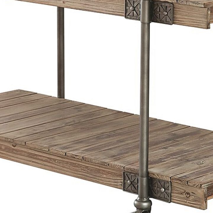 Loak 47 Inch Sofa Table, Plank Design, 1 Shelf, Wheels, Brown, Black - Benzara