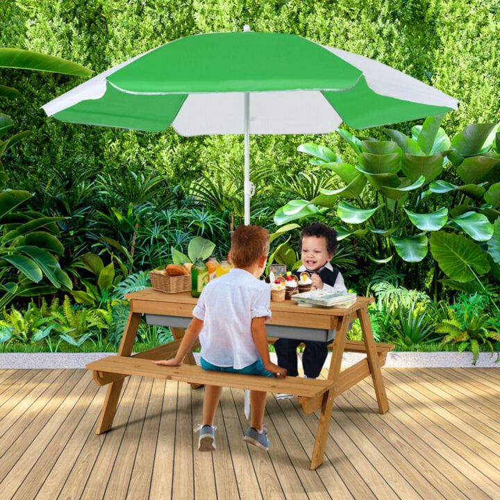 Hivvago 3-in-1 Kids Outdoor Picnic Water Sand Table with Umbrella Play Boxes