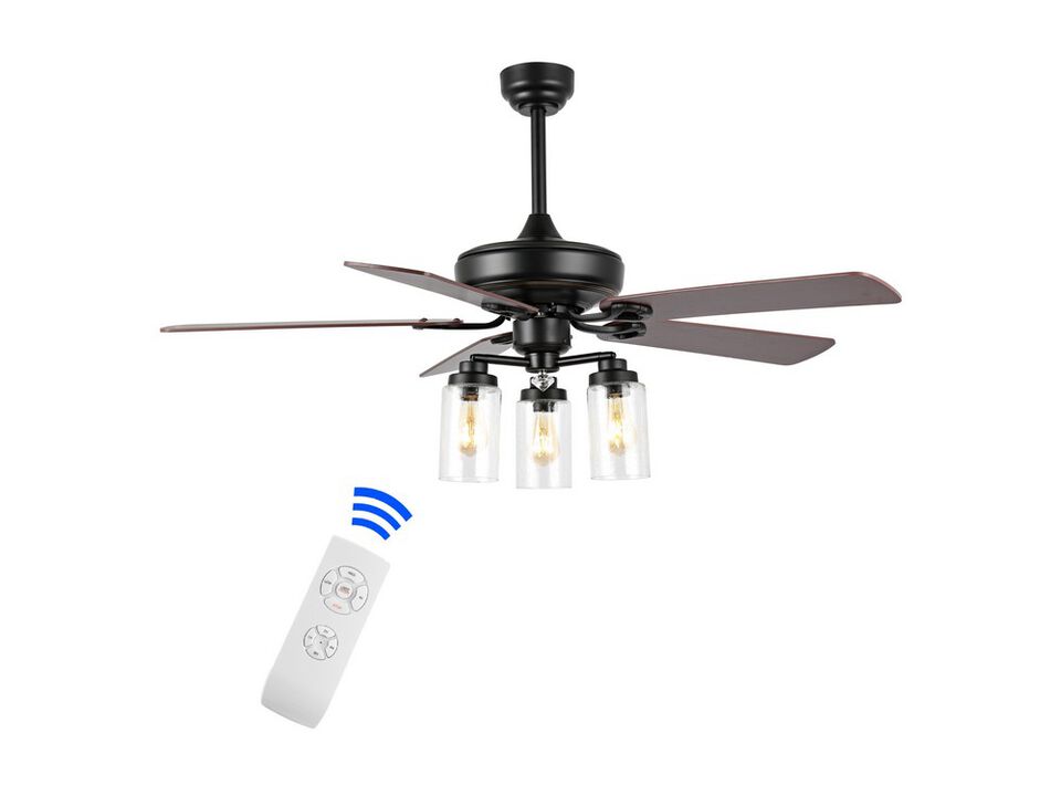 Lucas 52" 3-Light Rustic Industrial Iron/Wood/Seeded Glass Mobile-App/Remote-Controlled LED Ceiling Fan, Black/Clear