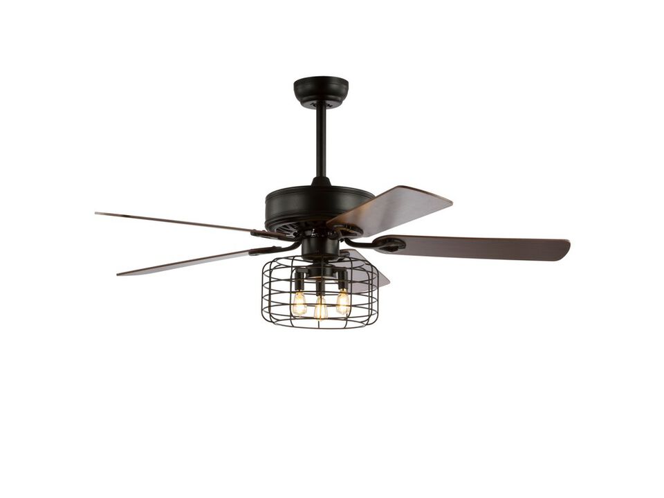 Asher 52" 3-Light Industrial Metal/Wood LED Ceiling Fan With Remote, Forged Black