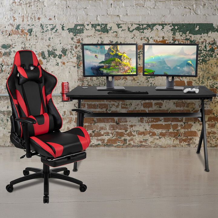 Flash Furniture Optis Gaming Desk and Red Footrest Reclining Gaming Chair Set - Cup Holder/Headphone Hook/Removable Mouse Pad Top/Wire Management