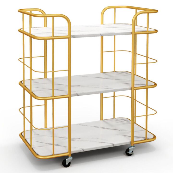 Hivvago 3-Tier Metal Kitchen Storage Serving Cart Trolley with Marble Tabletop and Handles-Golden