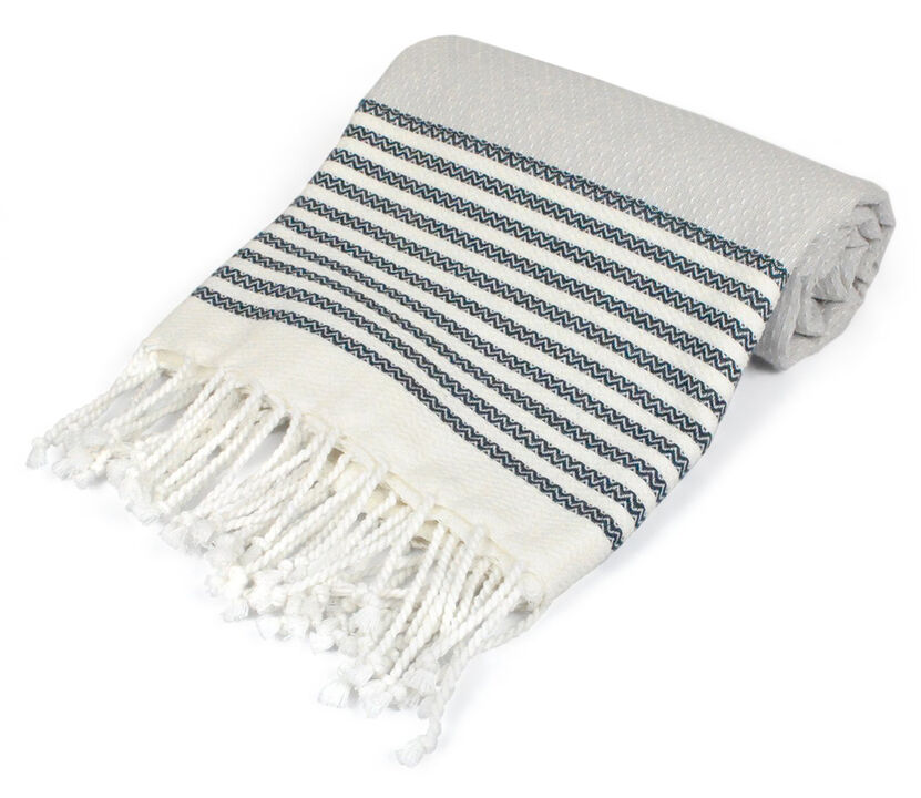 71" Navy Blue and White Striped Towel with Fringe