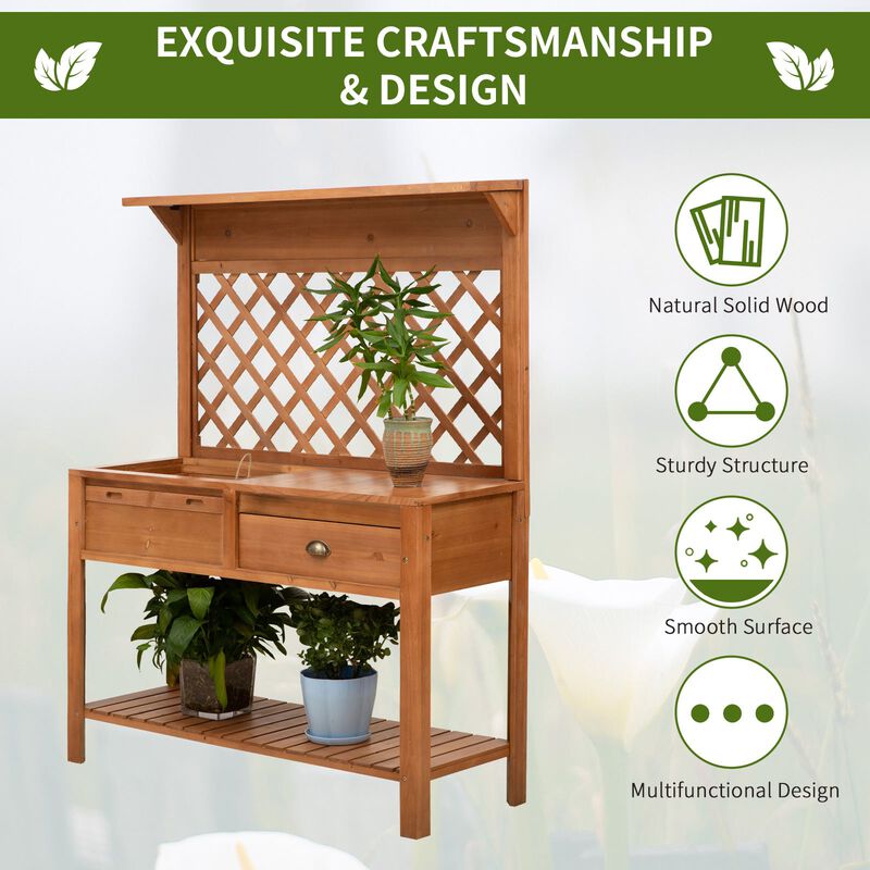 Garden Potting Bench, Outdoor Wooden Workstation Table w/ Metal Screen, Drawer, Hooks, Storage Shelf, and Lattice Back for Patio and Porch