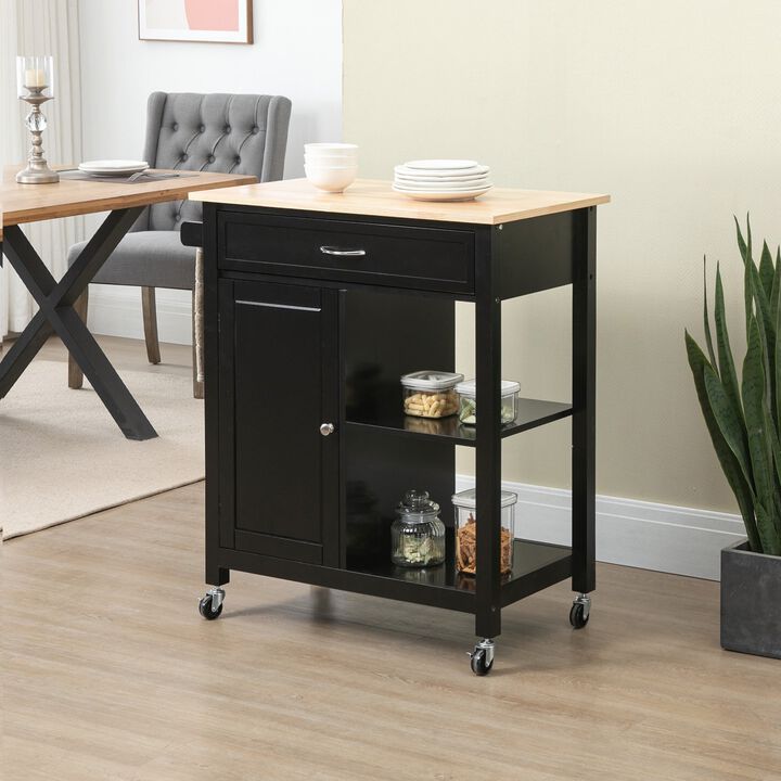Kitchen Island Cart, Rolling Kitchen Island with Storage, Solid Wood Top, Drawer, for Dining Room, Black