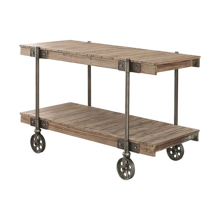 Loak 47 Inch Sofa Table, Plank Design, 1 Shelf, Wheels, Brown, Black - Benzara