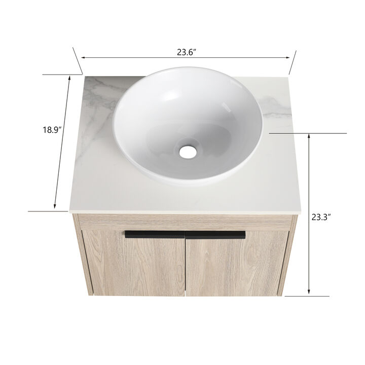 24 " Modern Design Float Bathroom Vanity With Ceramic Basin Set, Wall Mounted White Oak Vanity With Soft Close Door, KD-Packing, KD-Packing,2 Pieces Parcel(TOP-BAB321MOWH)
