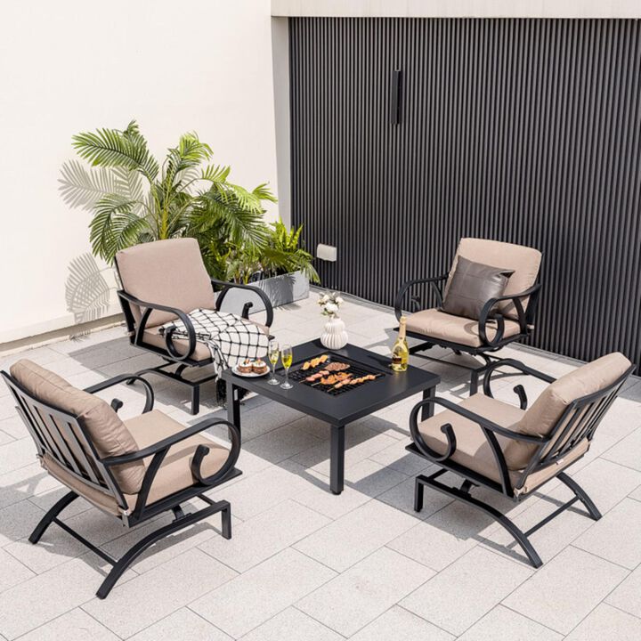 Hivvago 5 Pieces Patio Rocking Chairs and 4-in-1 Fire Pit Table with Fire Poker