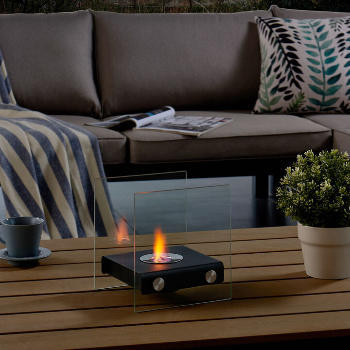 Danya B. Square Tabletop Smokeless Fireplace With Clear Glass Panels For Indoor / Outdoor Use