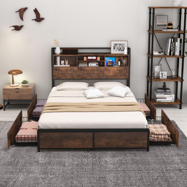 Hivvago Full/Queen Size Bed Frame with Bookcase Headboard and 4 Storage Drawers
