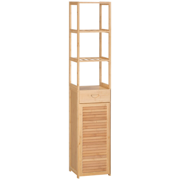 Bamboo Tall Slim Bathroom Cabinet with Drawer and Slatted Shelves, Natural