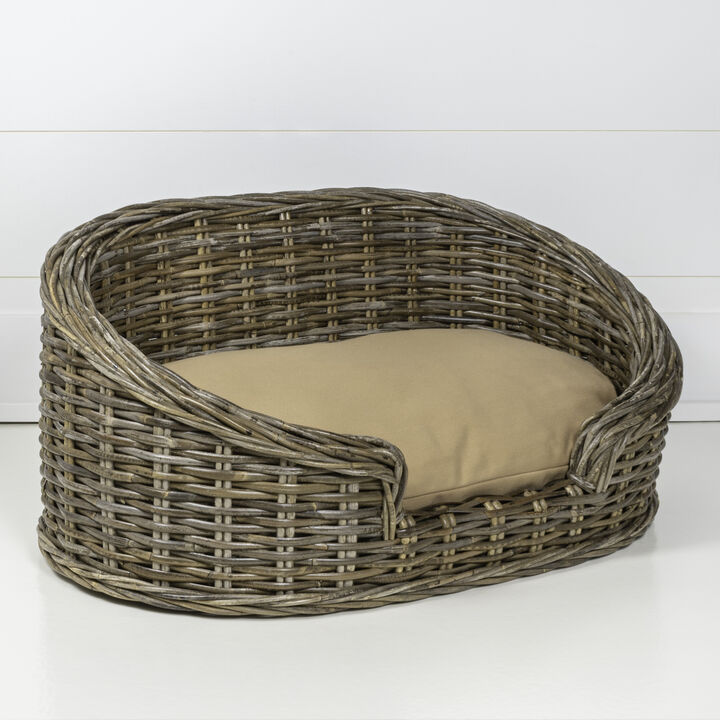 Curvy 28.5" x 17.25" Classic Handwoven Rattan Dog Bed with Machine-Washable Cushion, Kubu Gray