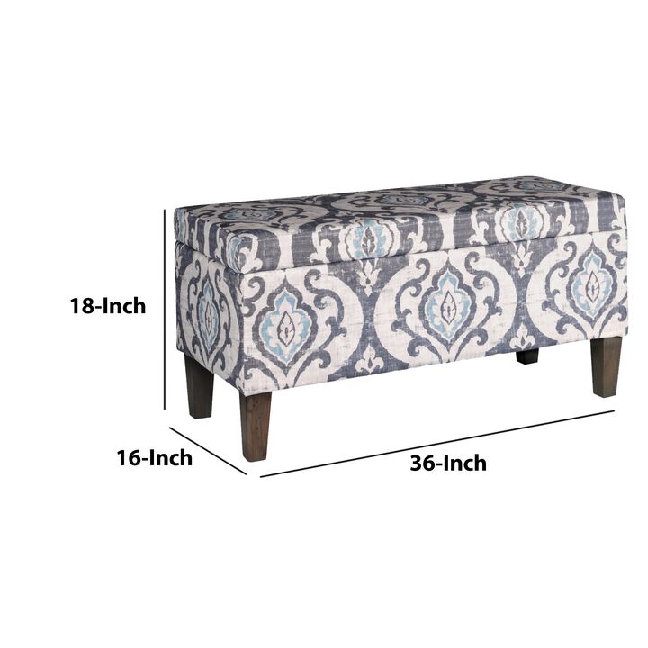 Damask Patterned Fabric Upholstered Wooden Bench With Hinged Storage, Large, Multicolor - Benzara