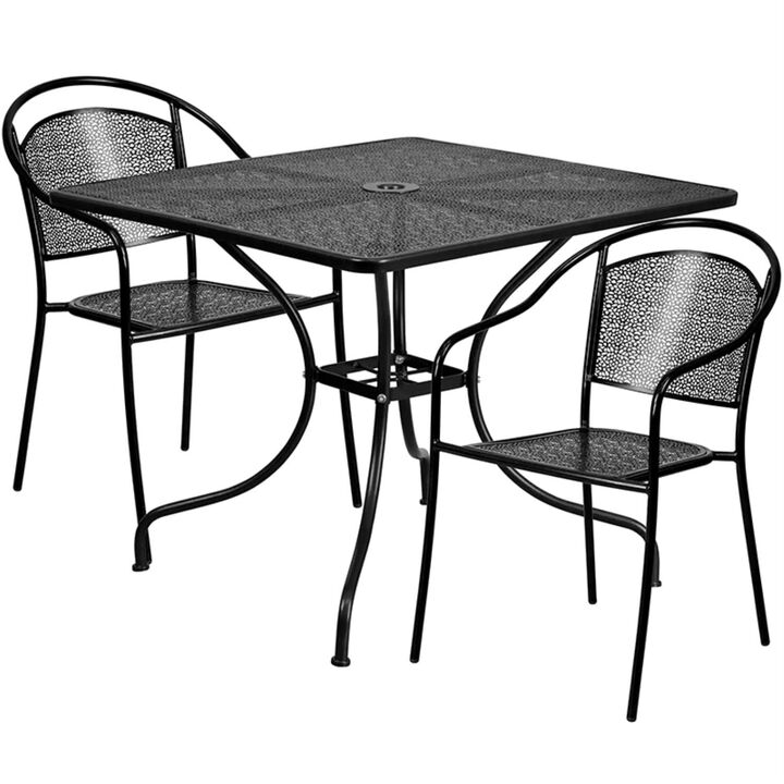 Flash Furniture Oia Commercial Grade 35.5" Square Black Indoor-Outdoor Steel Patio Table Set with 2 Round Back Chairs
