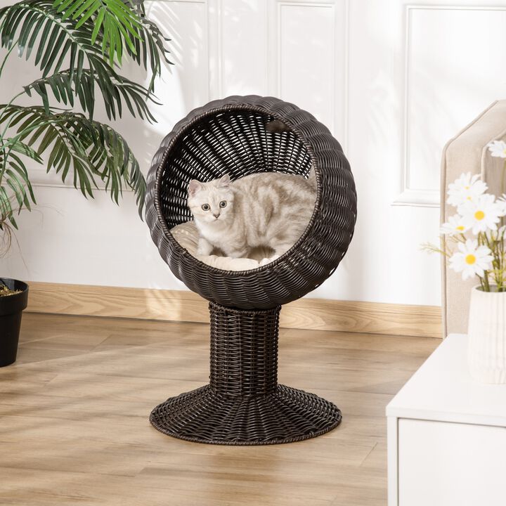 27" Hooded Wicker Elevated Cat Bed Rattan Kitten Condo Round with Cushion, Coffee