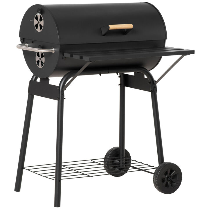Outsunny 30" Portable Barrel Charcoal BBQ Grill, Steel Outdoor Barbecue Smoker with Storage Shelf, Wheels for Garden Camping Picnic, Black