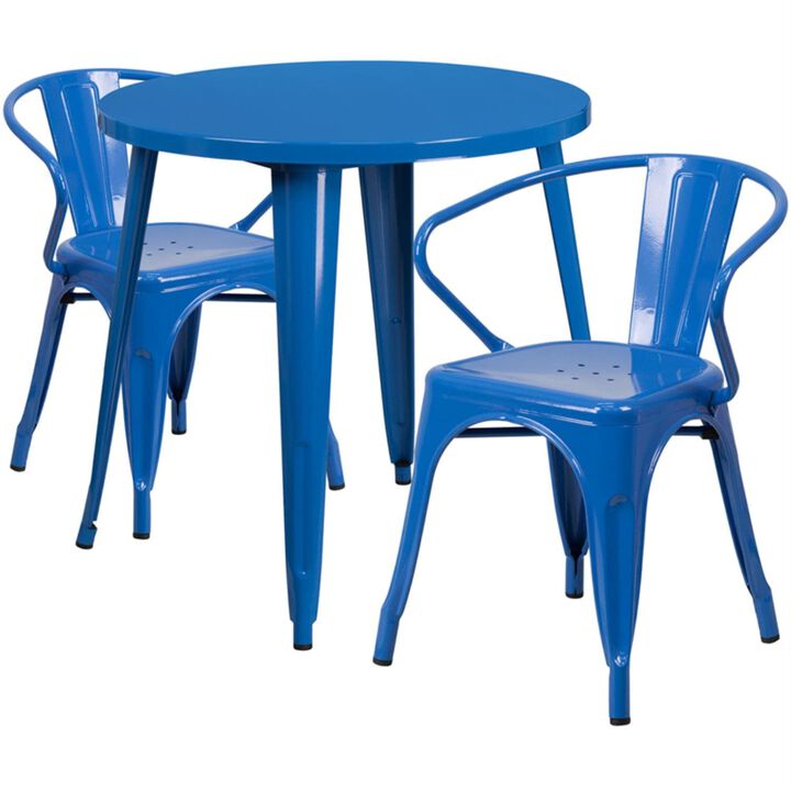 Flash Furniture Conrad Commercial Grade 30" Round Blue Metal Indoor-Outdoor Table Set with 2 Arm Chairs