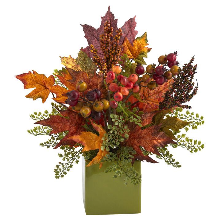 Nearly Natural 17-in Maple Leaf, Berries and Maiden Hair Arrangement in Vase