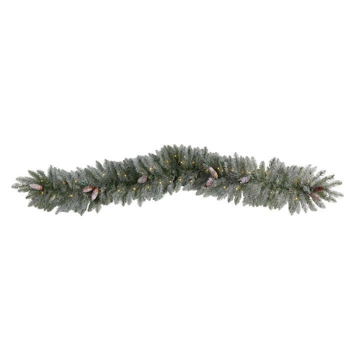 Nearly Natural 6-ft Frosted Artificial Christmas Garland with Pinecones and 50 Warm White LED Lights