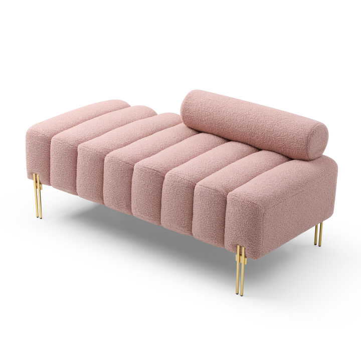 53.2" Width Modern End of Bed Bench Sherpa Fabric Upholstered 2 Seater Sofa Couch Entryway Ottoman Bench Fuzzy Sofa Stool Footrest Window Bench with Gold Metal Legs for Bedroom Living Room, Rose