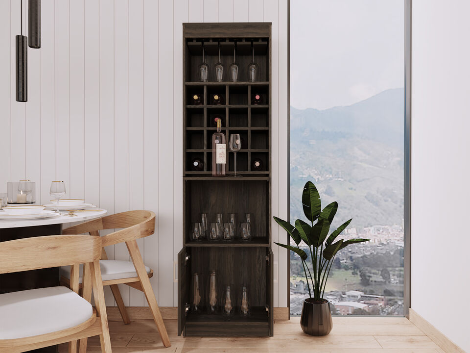 DEPOT E-SHOP Soria Bar Double Door Cabinet, Sixteen Built-in Wine Rack, Concealable Serving Tray, One Shelf, Carbon Espresso
