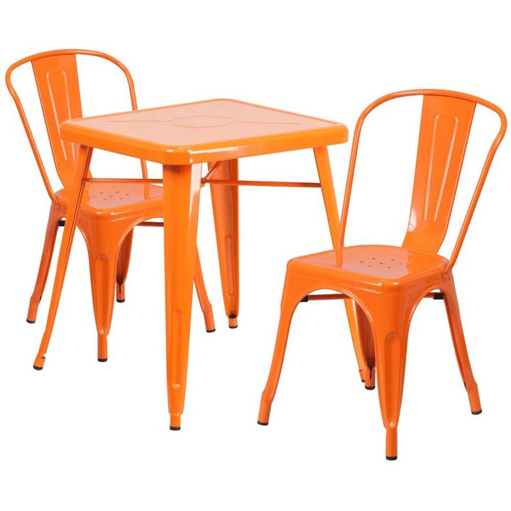 Flash Furniture Commercial Grade 23.75" Square Orange Metal Indoor-Outdoor Table Set with 2 Stack Chairs