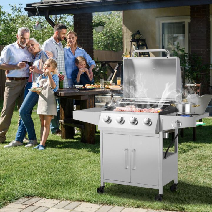 Hivvago 50000BTU 5-Burner Propane Gas Grill with Side Burner and 2 Prep Tables-Silver