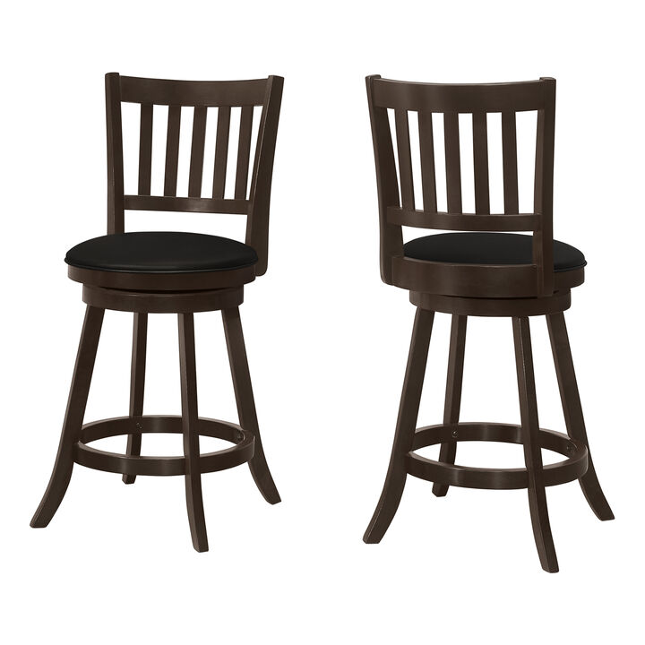 Monarch Specialties I 1237 Bar Stool, Set Of 2, Swivel, Counter Height, Kitchen, Wood, Pu Leather Look, Brown, Black, Transitional