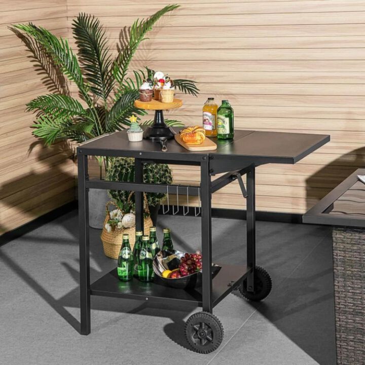 Hivvago Movable Outdoor Grill Cart with Folding Tabletop and Hooks-Black
