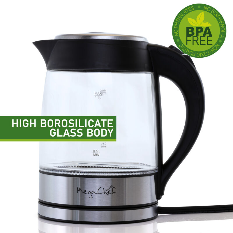 MegaChef 1.8Lt. Glass Body and Stainless Steel Electric Tea Kettle