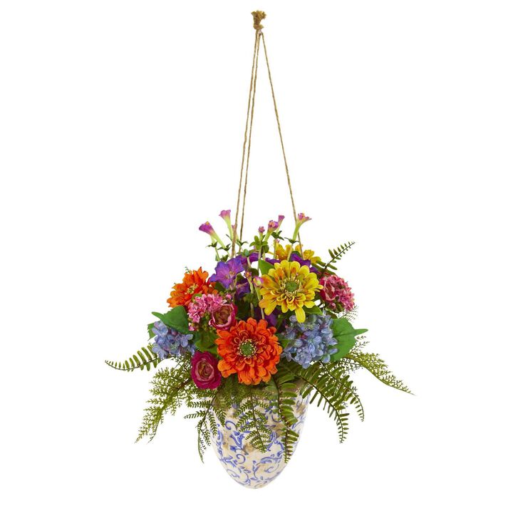 Nearly Natural 29-in Mixed Flowers Artificial Plant in Hanging Vase