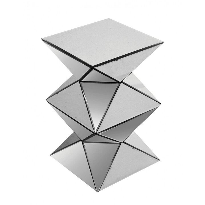 20 Inch Modern End Table, Square Mirror Top, Silver Geometric Pedestal Base-Benzara