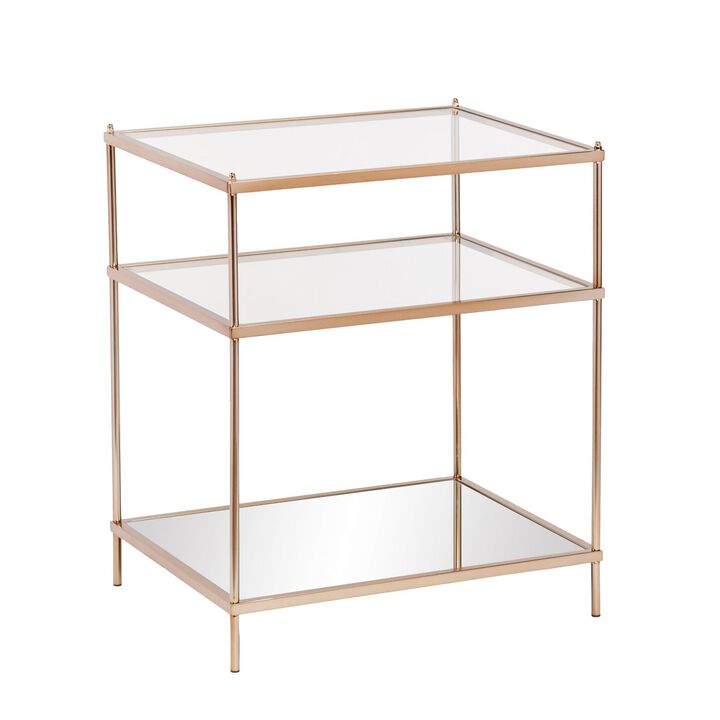 Homezia 27" Gold Glass And Iron Square Mirrored End Table With Shelf