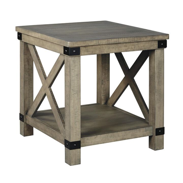 Farmhouse Style End Table with X Shaped Sides and Open Bottom Shelf, Gray-Benzara