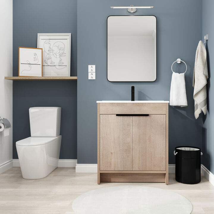 30 Inch Freestanding Bathroom Vanity with White Ceramic Sink & 2 Soft-Close Cabinet Doors (BVB02430PLO-BL9075B)