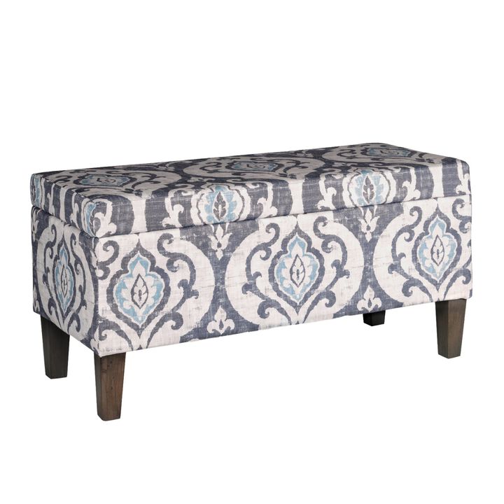 Damask Patterned Fabric Upholstered Wooden Bench With Hinged Storage, Large, Multicolor - Benzara