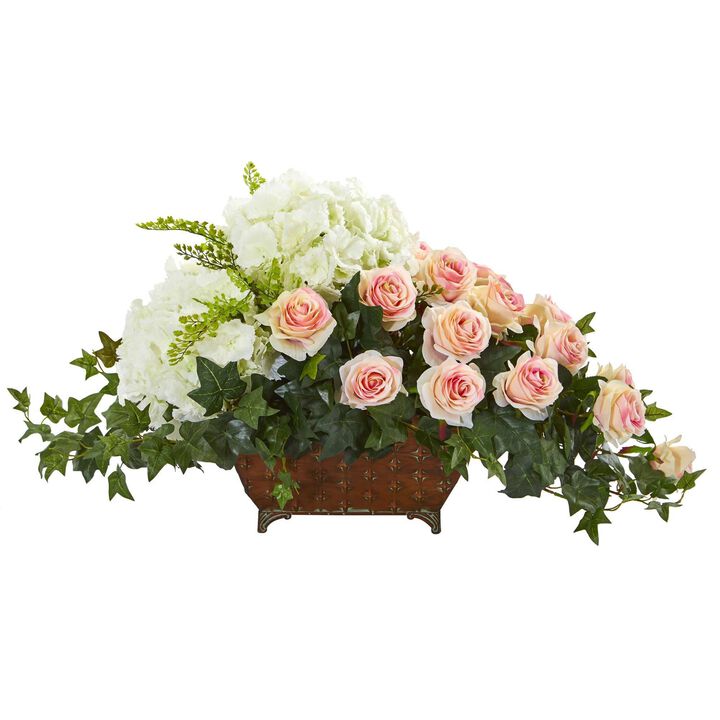 Nearly Natural 29-in Hydrangea & Rose Artificial Arrangement in Planter